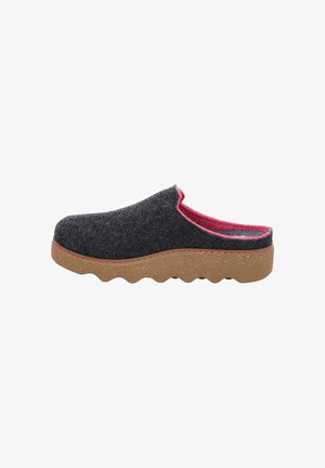 Grey felt slipper with pink lining, slip-on design, and textured brown outsole featuring a wavy pattern and pink stitching detail.