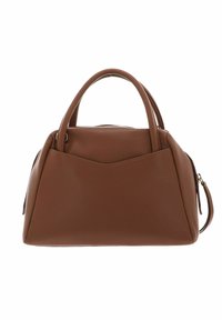 Sac à main en cuir marron à la forme structurée, avec des poignées supérieures doubles et une fermeture éclair. Possède une surface texturée et des détails de couture subtils.