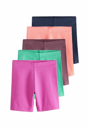 Pięć par prostych krótkich spodenek do kolan w kolorach: fioletowym, zielonym, brązowym, koralowym i granatowym, ułożonych na sobie na białym tle.