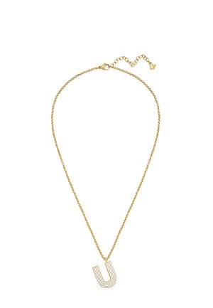 Collier chaîne en or avec un pendentif en forme de U comportant des lignes parallèles, et un fermoir réglable avec un petit pendentif couronne.