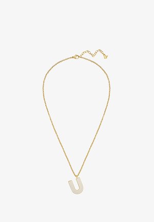 Collier chaîne en or avec un pendentif en forme de U comportant des lignes parallèles, et un fermoir réglable avec un petit pendentif couronne.