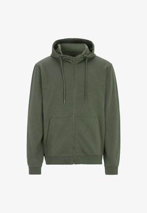 Groene zip-up hoodie gemaakt van zachte stof, met een ruime capuchon, trekkoorden en twee voorkeerders. De manchetten en zoom zijn geribbeld.
