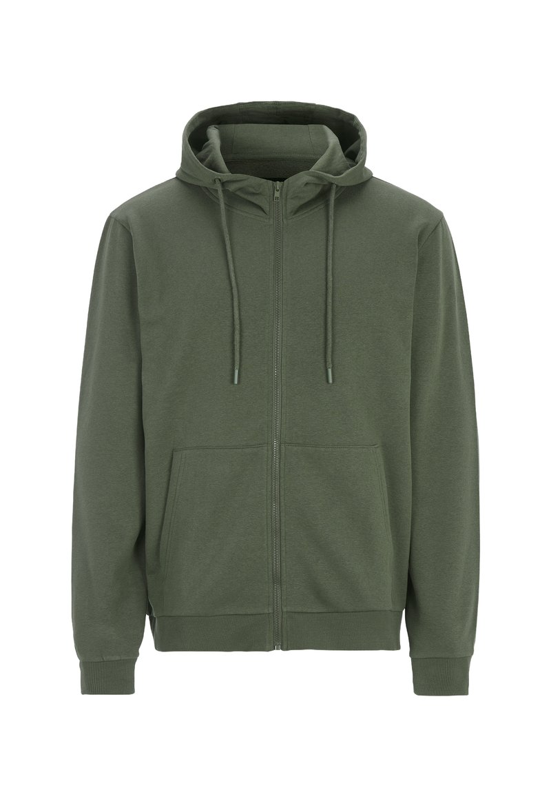 Grön zip-up hoodie i mjukt tyg, med en rymlig huva, snoddar och två framfickor. Muddarna och nederkanten är ribbade.