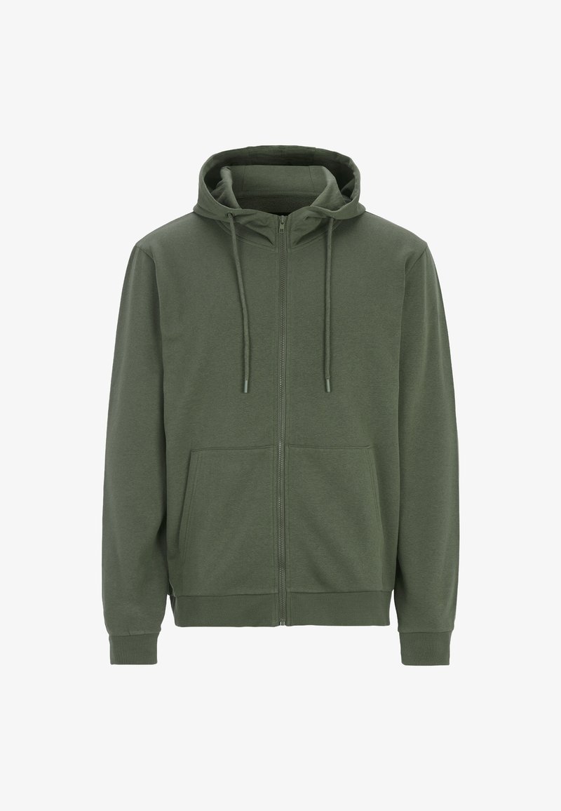 Grön zip-up hoodie i mjukt tyg, med en rymlig huva, snoddar och två framfickor. Muddarna och nederkanten är ribbade.