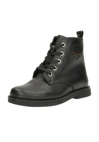 Zwarte leren enkellaarsjes met ronde neus, textuur bovenkant, vetersluiting aan de voorkant en een decoratieve hartvormige details aan de zijkant. Rubberen zool.