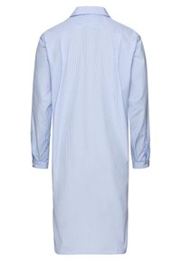Camicia a quadri azzurro chiaro con maniche lunghe, colletto e polsini con bottoni. Tessuto morbido con un motivo a reticolo su tutta la superficie. Vista posteriore mostrata.
