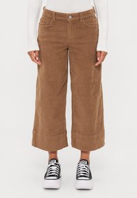 Bruine corduroy wijde broek met een hoge taille, voorzakken en omgeslagen hems, gecombineerd met zwart-witte sneakers.