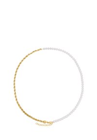 Verdrehte goldene Metallkette und glatte weiße Perlenkette, ausgestattet mit einem Verschluss und einer verstellbaren Kette für Längenvariationen.