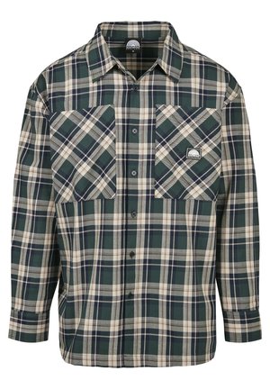 Zielona i beżowa koszula w kratę z długimi rękawami, z zapięciem na guziki z przodu, dwiema kieszeniami na piersi oraz małym logo na lewej kieszeni. Wykonana z materiału z domieszką bawełny.