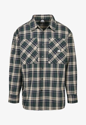 Grün-beige kariertes Hemd mit langen Ärmeln, durchgehender Knopfleiste, zwei Brusttaschen und einem kleinen Logo auf der linken Tasche. Materialmix aus Baumwolle.