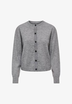 Gray cardigan, button-front design, ribbed neckline and cuffs, soft texture, long sleeves, and six black buttons along the center.