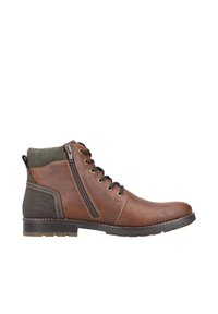 Braunes Leder-Ankle-Boot mit einem strukturierten, grünen Strickkragen, Reißverschluss an der Seite und kontrastierenden dunkelbraunen Akzenten. Gummisohle.