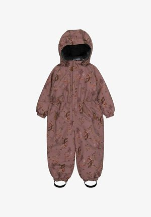 Roze waterdichte overall met een bloemenpatroon, elastische manchetten, een capuchon en banddetails bij de voeten voor een goede pasvorm en warmte.