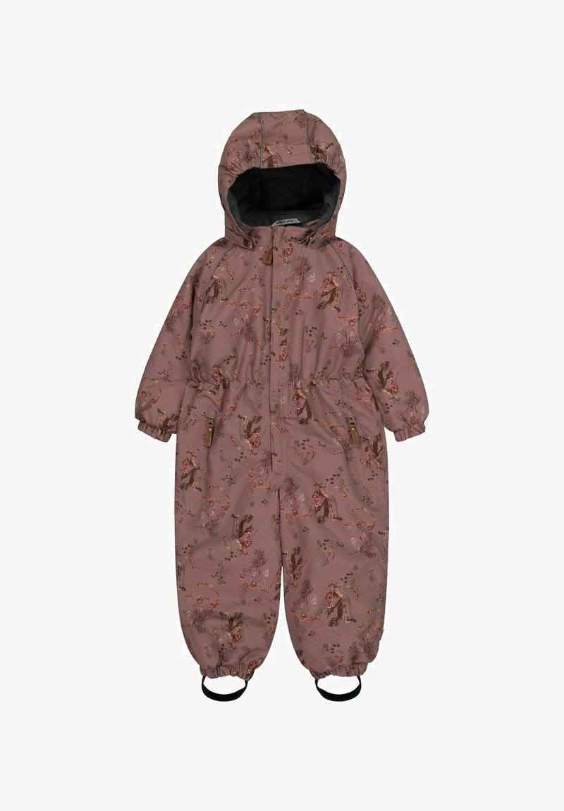 Roosa veekindel üleriide lillemustriga, elastsete mansettide, kapuutsi ning jalgade kindlustamiseks ja soojuse säilitamiseks mõeldud rihmad.