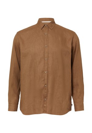 Chemise marron à boutons, fabriquée en tissu léger. Elle présente un col classique, des manches longues et une fermeture à boutons sur le devant avec des boutons marron.