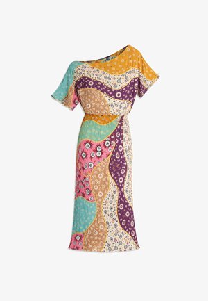 Μίντι φόρεμα σε πολλαπλά χρώματα με κοντά μανίκια, ελαστική μέση και αφηρημένα λουλουδένια και γεωμετρικά πατς σε κίτρινο, μοβ, ροζ, τιρκουάζ και μπεζ.