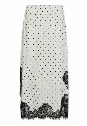 Fehér midi szoknya fekete pöttyökkel és fekete virágos csipke díszítéssel az alján és az oldalsó varratokon.