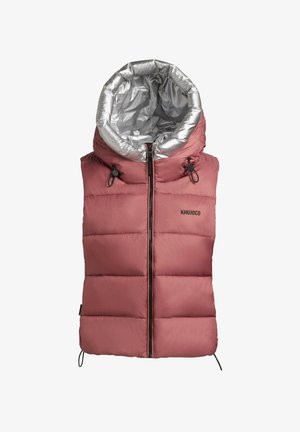 Roze donsvest met een glanzende zilverkleurige gevoerde capuchon, horizontaal gestikte secties, verstelbare trekkoorden en een voorrits. Merkenlogo weergegeven.
