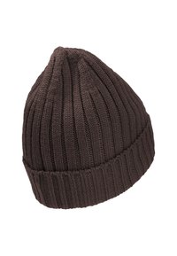 Bruine gebreide muts met een geribbeld patroon, voorzien van een taps toelopende bovenkant en een opgevouwen manchet voor extra warmte en comfort.