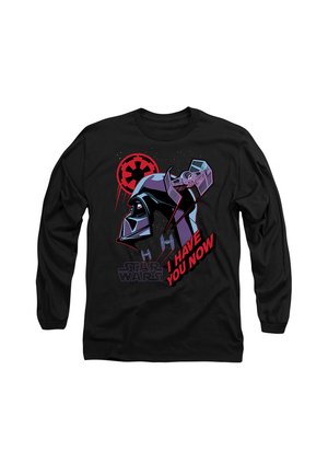 Black long-sleeve t-shirt featuring a graphic of a helmeted figure, red and white text, and a red emblem with tie-fighters in the background.