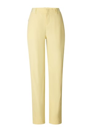 Rechtgesneden lichtgele broek met riemlussen en een rits aan de voorkant.