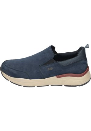 Blue slip-on shoe made of suede and mesh, featuring a rubber sole with beige accents and a small pull tab at the heel.