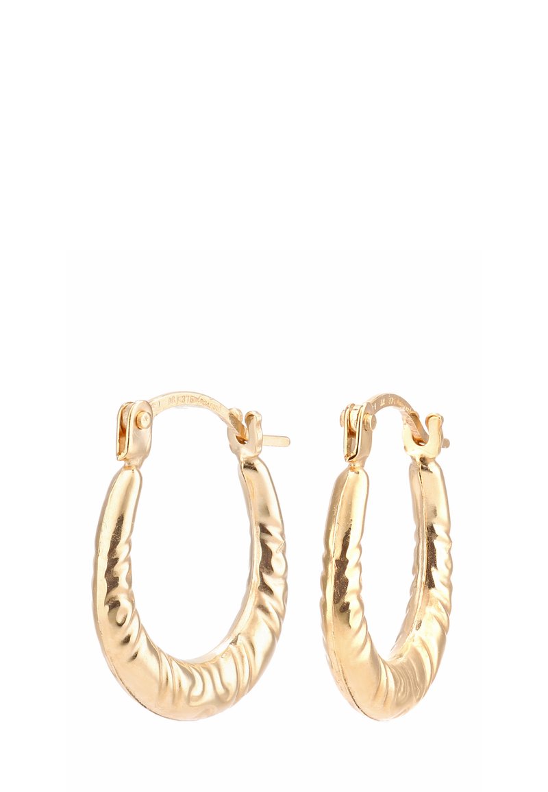 Orecchini a cerchio in oro con texture attorcigliata e chiusura a cerniera, che mostrano una superficie liscia e riflettente e una forma curva distintiva.