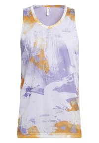 Top sportivo astratto con motivo viola e arancione, realizzato in materiale in rete traspirante, con scollo rotondo e design senza maniche.