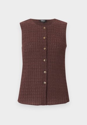 Καφέ αμάνικη μπλούζα με υφή, έξι κουμπιά μπροστά και στρογγυλή λαιμόκοψη, σχεδιασμένη για γυναίκες, εμφανίζεται σε λευκό φόντο.