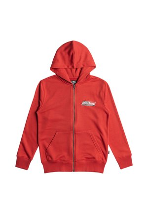 Rote Zip-Hoodie aus weichem Material, mit einem Frontlogo, zwei Fronttaschen und einer Kordelzugkapuze. Glatte Textur, klassischer Schnitt.