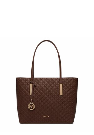 Bolsa tote marrón texturizada con dos asas y un colgante circular dorado con el logo M colgado en la correa delantera, con la marca Mexx en letras doradas.