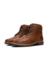 Botas de tobillo de cuero marrón con un acabado suave, que presentan una punta redonda, diseño perforado y cierre de cordones con seis ojetes. Suela texturizada.