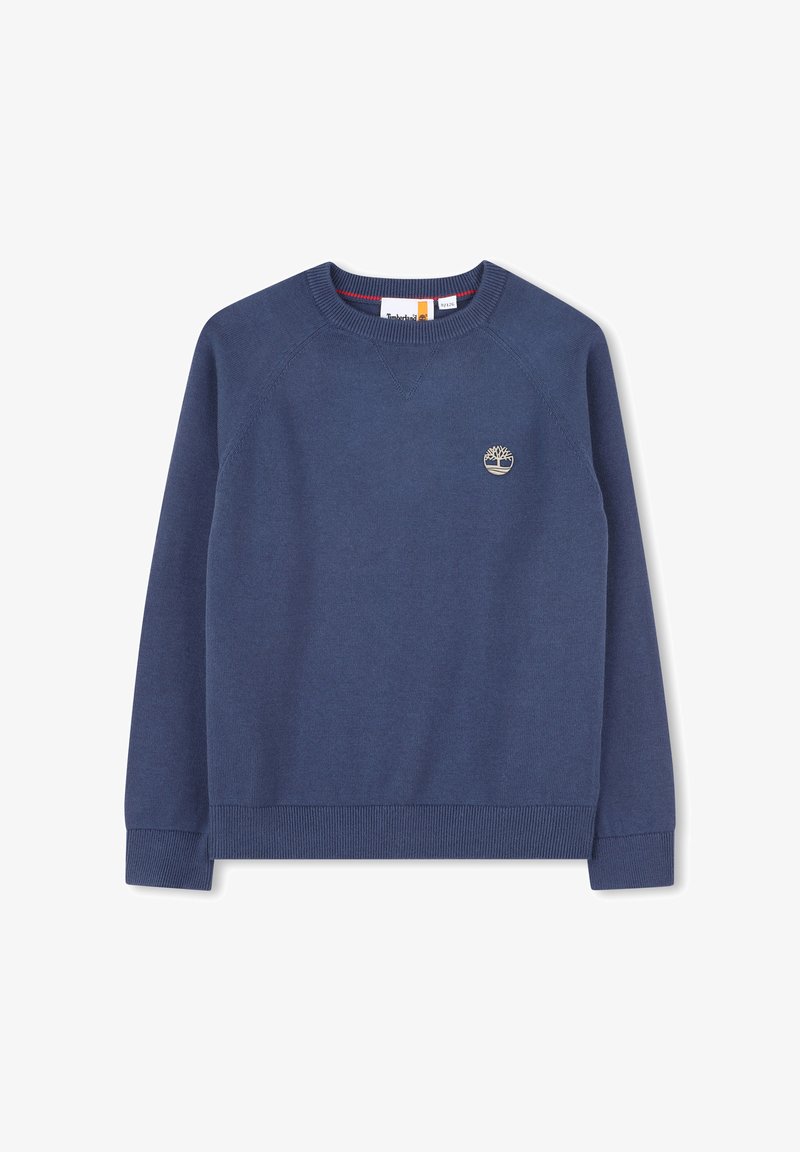 Sweat-shirt bleu marine avec un col rond côtelé, des manches raglan longues et un petit logo brodé sur la poitrine. Texture de tissu doux.