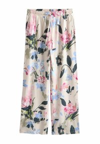 Pantaloni evazați cu talie elastică, cu un fundal crem decorat cu imprimeuri botanice vibrante în nuanțe de roz, albastru și verde.