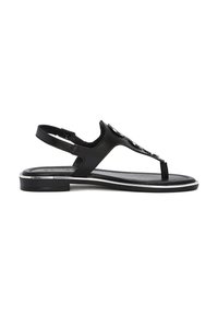 Sandal in pelle nera con design a T, cinturino alla caviglia regolabile, suola piatta e accenti metallici lungo il bordo della suola.