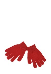 Rode gebreide handschoenen met een geribde manchette. Beschikt over vijf vingers, een zachte textuur en een klassiek ontwerp dat geschikt is voor koud weer.