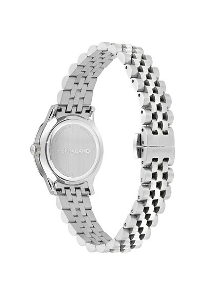 Silver stainless steel Ferragamo watch with linked bracelet, closed clasp, and engraved brand name on the back of the case.