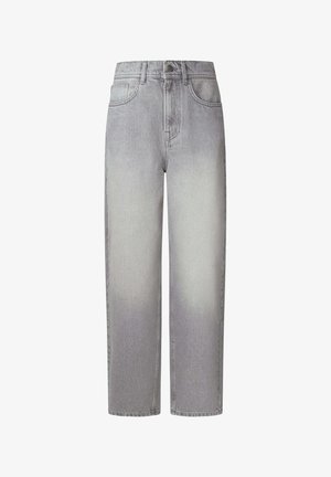 Hellgraue Denim-Jeans mit hoher Taille, geradem Beinfit, fünf Taschen und Knopfverschluss. Ausgebleichtes Finish mit subtiler Farbvariation.