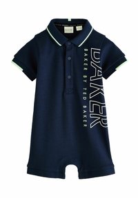 Navy blue polo romper with short sleeves, light green collar accents, front snap closure, and bold white "BAKER" logo printed on the side.
