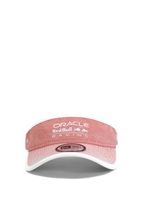 Czerwona czapka z daszkiem z teksturowanej tkaniny, wyposażona w jasnoróżowy pasek i biały daszek. Logo nadrukowane na białym przodzie i boku. Regulowany pasek.