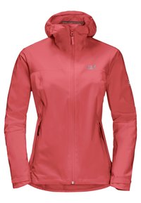 Vattentät rosa jacka med huva, som har en framzip i mitten, sidofickor och en slät yta. Logotyp på vänstra bröstområdet.