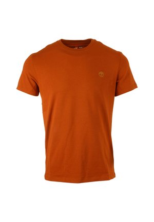 T-shirt arancione ruggine a maniche corte con piccolo logo giallo dell'albero Timberland sul petto sinistro, taglia media.