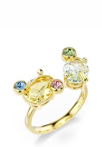 Guldring med to store gule og klare ædelstene, hver accentueret af mindre blå, pink og grønne sten i kroneindstillinger.