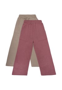 Deux paires de pantalons larges, l'une en beige doux et l'autre en bourgogne atténué, présentant des tailles élastiques avec cordon de serrage et de grandes poches avant.