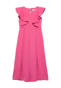Abito rosa con maniche a volant, scollatura rotonda e zip sul retro. Presenta un design plissettato per una silhouette fluida. Tessuto morbido al tatto.