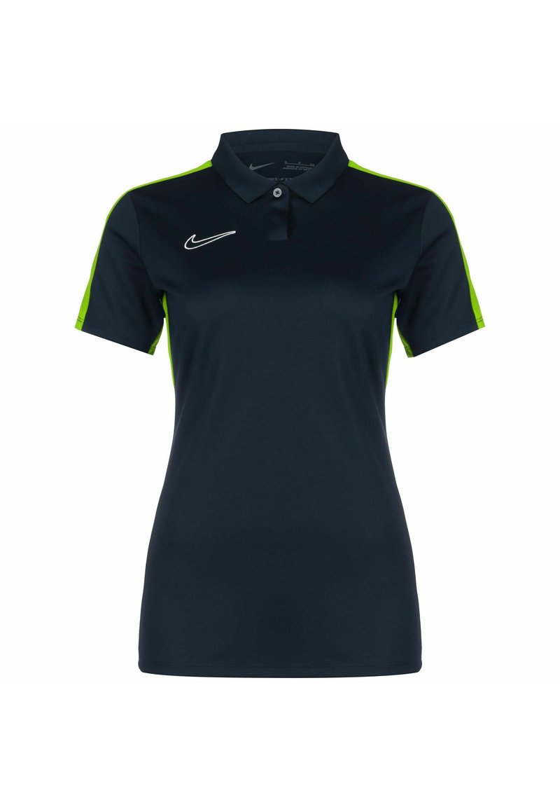 Marineblaues Poloshirt mit limonengrünen Akzenten, aus glattem Stoff. Verfügt über einen Kragen, drei Knöpfe und ein weißes Nike-Logo auf der Brust.