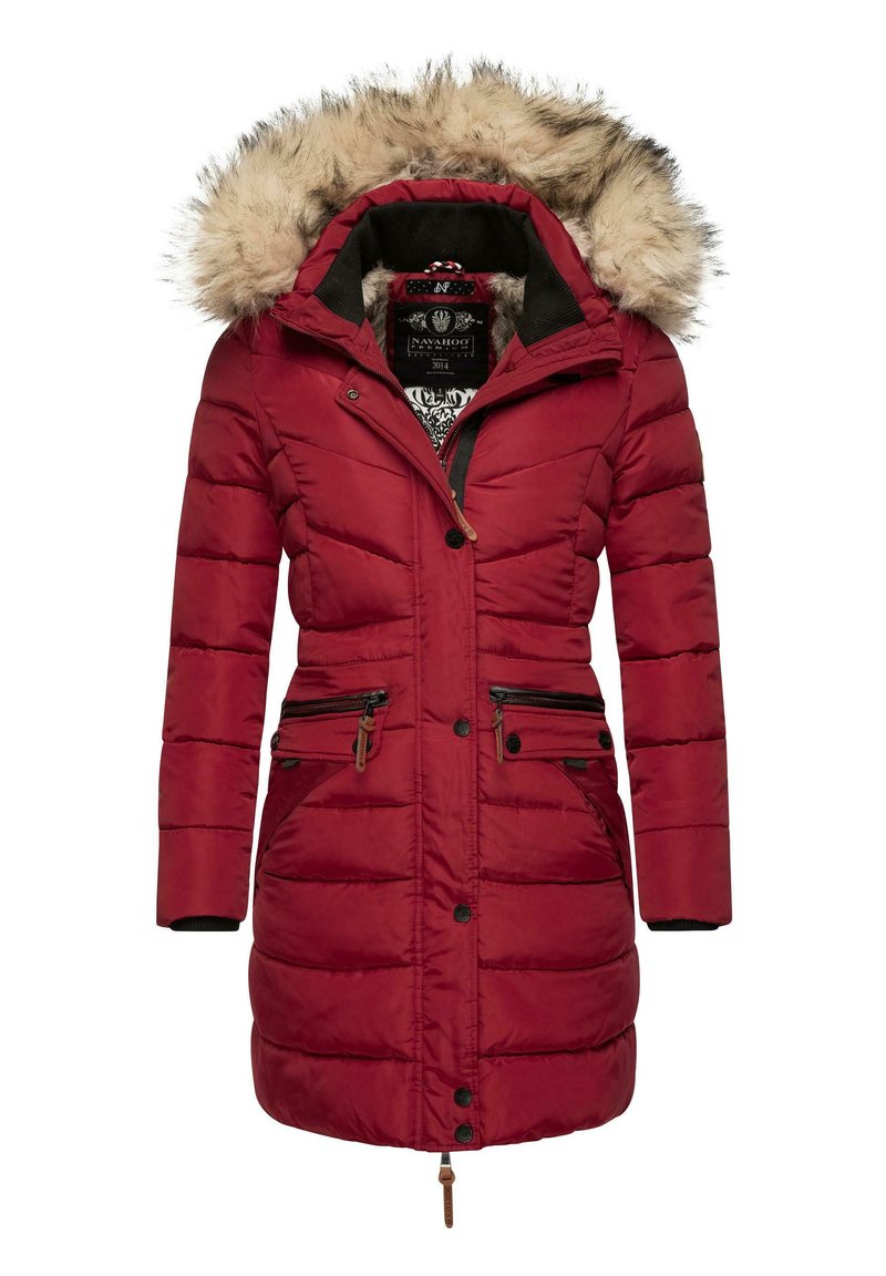 Red padded winter coat with a fur-lined hood, zippered front pockets, and a button closure. Features a fitted waist and ribbed cuffs.