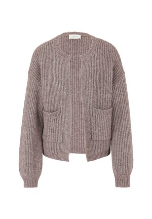 Gilet en maille dans une douce teinte mauve atténuée. Il présente une texture côtelée, un col rond et deux poches avant. Silhouette ample avec des manches longues.