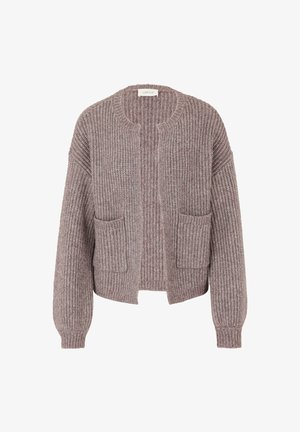 Cardigan lavorato a maglia in una morbida tonalità di mauve tenue. Presenta una texture a coste, un colletto rotondo e due tasche frontali. Silhouette ampia con maniche lunghe.