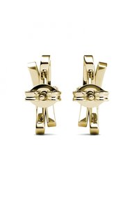 Orecchini dorati con un elemento centrale circolare e doppi accenti a forma di X. Finitura liscia e lucidata con un design moderno.